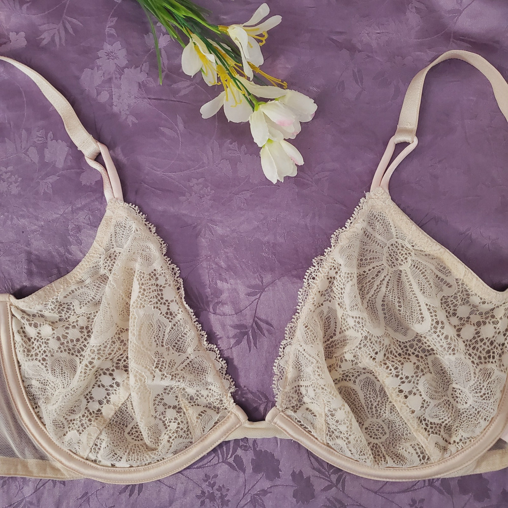 Victorias Secret Sheer Lace Demi Bra 36D Cream Beige Underwire Unlined Mesh